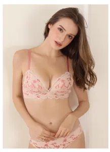 Conjunto de sujetador push-up y braga de encaje rosa, lencería sexy cuello V.