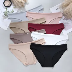 Women's Seamless Panties Nylon Spandex Breathable Mid Waist Briefs With Cotton Crotch Solid Color Everyday Underwear For Lady