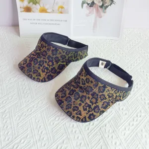 Visera de Moda con Estampado de Leopardo y Strass para Mujer Algodón Poliéster Sin Top Visera Curva Ajustable Sombrero de Sol Exterior