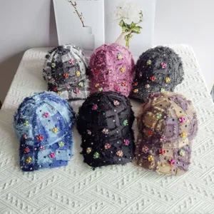 Cappello da Baseball Tweed Quadri Donna Elegante Perle Artificiali Strass Fiore Sole Bordo Frange Regolabile Visiera Cappello