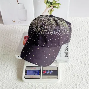 Detailed view of the sparkling rhinestone baseball cap, lightweight design with rhinestones.