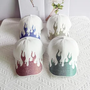 Rhinestone flame baseball cap street style white duck tongue hat adjustable sun protection