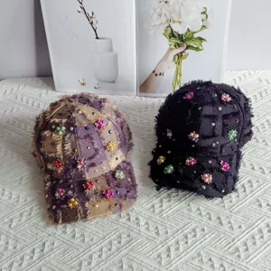Cappellino da baseball in tweed perla fiore frangia fatto a mano, cappello da sole a quadri.