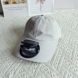 Summer solar charging fan baseball cap with extended brim for outdoor sun protection.