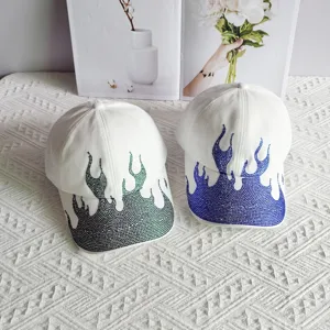 White baseball cap with rhinestone flame pattern, stylish streetwear sun hat for outdoor.