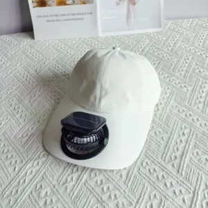 Summer solar powered fan baseball cap with extended brim, quick drying white sun hat.