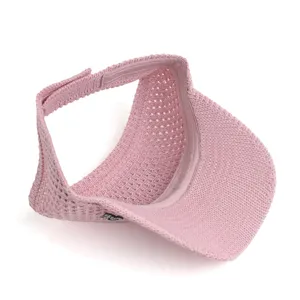 Pink knitted empty top sun hat with rhinestone M logo breathable wide brim summer visor.