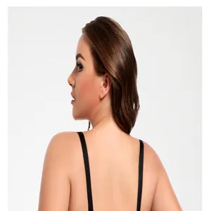 Plus size bra detail view showing thin black straps and comfortable fit for daily wear.