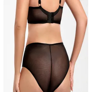 Plus size black lace bra and high waist mesh briefs set, detailed back view for comfort.