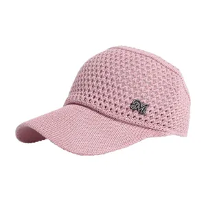 Pink rhinestone M logo knitted empty top sun visor hat, breathable hollow out summer beach cap.