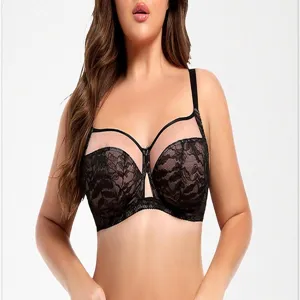 Plus size black lace bra featuring a full cup design and elegant strap details for support.