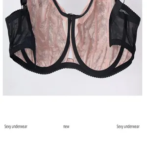 Plus size lace bra detail view, supportive full cup design with comfortable mesh and pink lining.