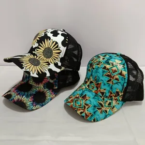 Women breathable mesh trucker hat with floral and geometric prints, adjustable outdoor sports cap.
