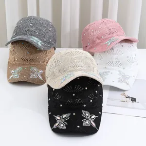 Berretto da Baseball in Maglia di Cotone Traforato di Moda Con Farfalla di Strass Motivo Corona Protezione Solare Traspirante Regolabile da Donna