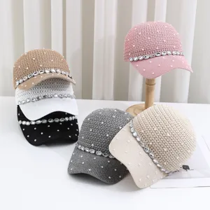 Atmungsaktive Strick-Baseballkappe mit Perlen und Strass, stilvoller Sonnenschutzhut.