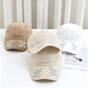 Berretto da baseball in maglia traforata con farfalla in strass, cappello parasole casual.