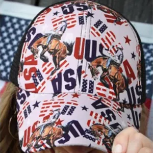 Western cowboy print trucker hat with mesh back, stylish USA flag baseball cap for outdoor sports.