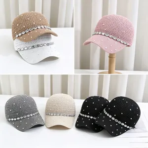Modische Strick-Baseballkappe mit Perlen und Strass, atmungsaktiver Damen-Sonnenhut.