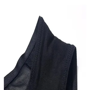 Close-up detail of black breathable mesh bra strap with fine stitching and elastic trim.