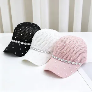 Luxus Strass Künstliche Perle Hohl Strick Baseballkappe Atmungsaktiv Modisch Weizenähre Netz Sonnenhut Für Damen Sommer Reise Verstellbar Visier