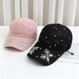 Stiloso berretto da baseball traforato in maglia con farfalla in strass, cappello parasole.