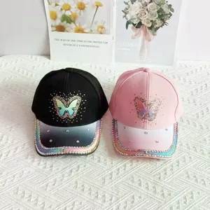 Gorra de béisbol con mariposa de diamantes de imitación para mujer, visera brillante.