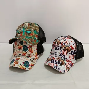 Women vintage Western print trucker hat breathable mesh snapback baseball cap style