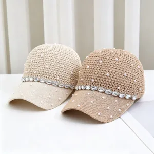 Bestickte Strass-Strick-Baseballkappe atmungsaktiver Sonnenhut stilvolles Mode-Accessoire.
