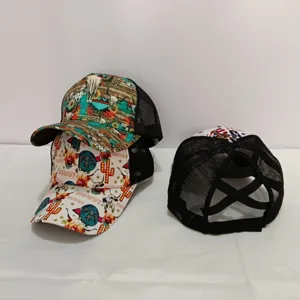 Women ponytail trucker hat western print mesh baseball cap outdoor sports adjustable hat