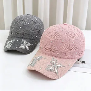 Berretto da baseball con farfalla in strass lavorato a maglia, dettagli cappello.