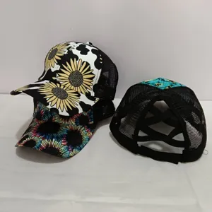 Women ponytail baseball cap with sunflower cow print and cross mesh back for outdoor sports