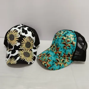 Women printed mesh baseball cap trucker hat casual outdoor sports sun hat ponytail hat