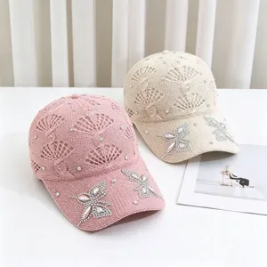 Berretto da baseball in maglia traforata stile coreano con farfalla di strass, cappello.