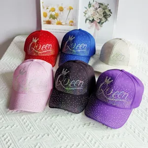 Cappellino da Baseball in Cotone di Moda Corona Strass Lettera Queen Regolabile Protezione Solare Visiera Curva Cappello Casual per Donna Uomo