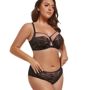 Plus size lace bra and panty set in black, featuring a supportive full cup design.
