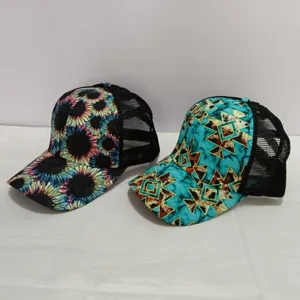 Women trucker mesh baseball cap with colorful sunflower and geometric prints for outdoor sport.