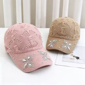Berretto da baseball in maglia traforata in stile coreano con farfalla in strass, cappello