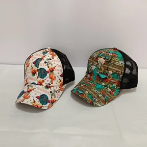 Western style trucker hat with mesh back and vintage print, casual outdoor baseball cap.