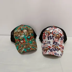 Women's trucker mesh baseball cap with vintage western bull skull and USA flag print designs.
