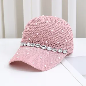 Rosa gestrickte Baseballkappe mit Perlen und funkelnden Strasssteinen, atmungsaktiver Sonnenhut.