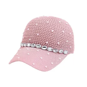 Rosa Strass Perlen gestrickte Baseballkappe stilvolle hohle Sonnenkappe atmungsaktives Visier