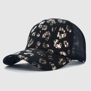 Leopard print mesh trucker hat for women, breathable baseball cap with curved brim.