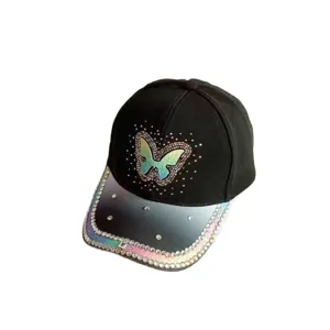 Gorra de béisbol negra con mariposa strass, sombrero de sol elegante para mujer estilosa.