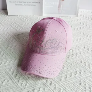 Berretto da baseball rosa con strass corona Queen, cappello da sole elegante.