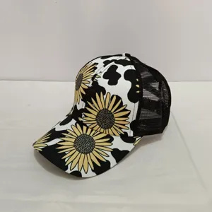 Women sunflower cow print trucker hat mesh breathable casual outdoor sports baseball cap