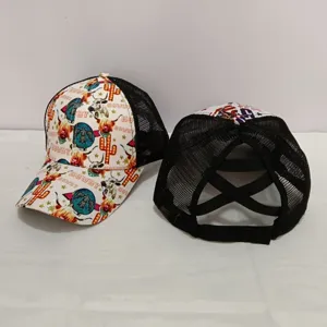 Women western trucker hat with ponytail cross strap, vintage cactus longhorn print mesh cap.