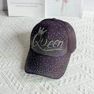 Cappellino da baseball nero con strass corona Queen, cappello casual elegante per donna.