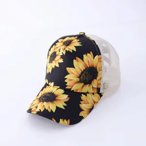 Women sunflower print mesh trucker baseball cap casual outdoor sports sun hat snapback