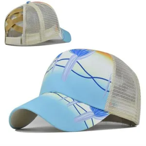 Women's cross ponytail mesh baseball cap blue gradient trucker hat outdoor sports sun cap