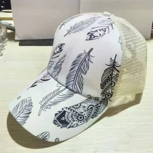 Women Black and White Feather Print Mesh Trucker Hat Casual Outdoor Sports Baseball Cap